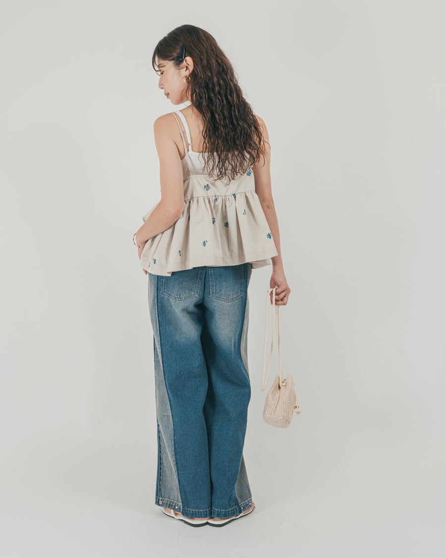 ［SET］Flower刺繍　ボリュームキャミ + 10oz サイドタック リラックスデニムパンツ（2SET）