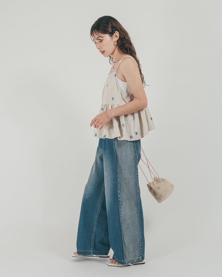 ［SET］Flower刺繍　ボリュームキャミ + 10oz サイドタック リラックスデニムパンツ（2SET）