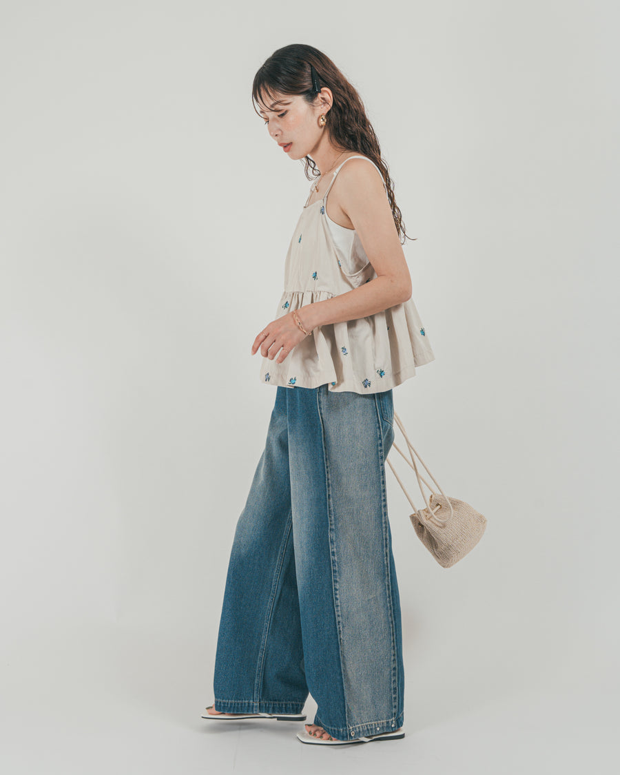 ［SET］Flower刺繍　ボリュームキャミ + 10oz サイドタック リラックスデニムパンツ（2SET）