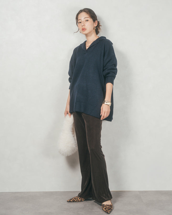 サイドスリット襟付きスキッパーニット (NAVY)