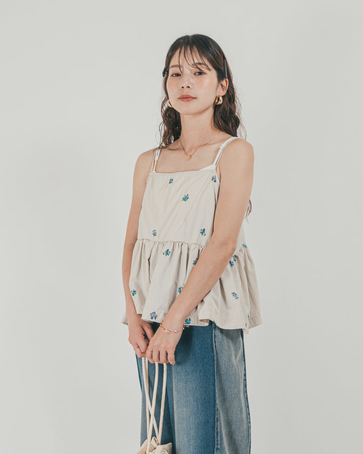 ［SET］Flower刺繍　ボリュームキャミ + 10oz サイドタック リラックスデニムパンツ（2SET）