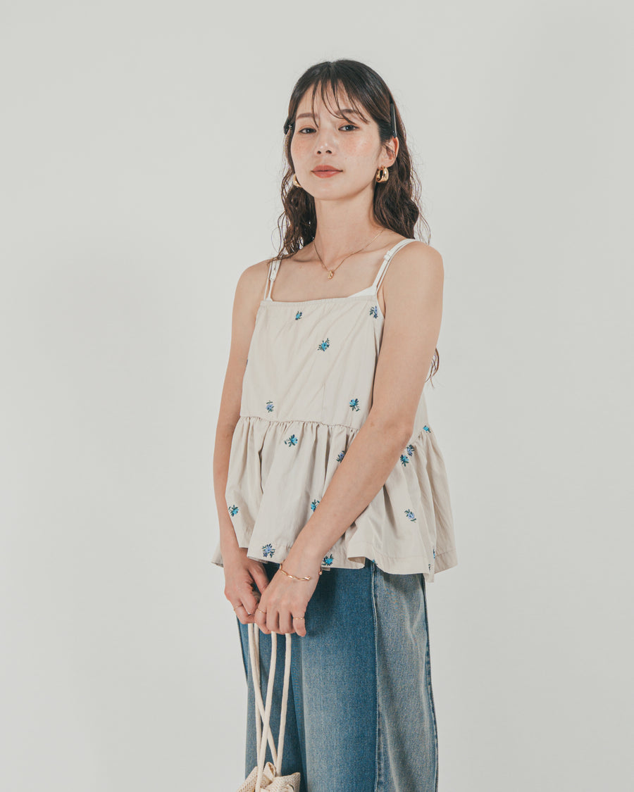 ［SET］Flower刺繍　ボリュームキャミ + 10oz サイドタック リラックスデニムパンツ（2SET）