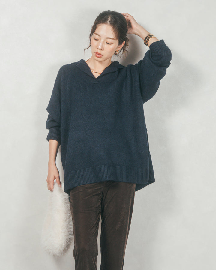 サイドスリット襟付きスキッパーニット (NAVY)
