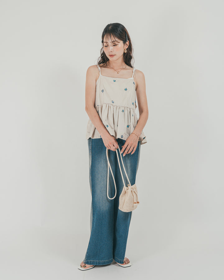 ［SET］Flower刺繍　ボリュームキャミ + 10oz サイドタック リラックスデニムパンツ（2SET）