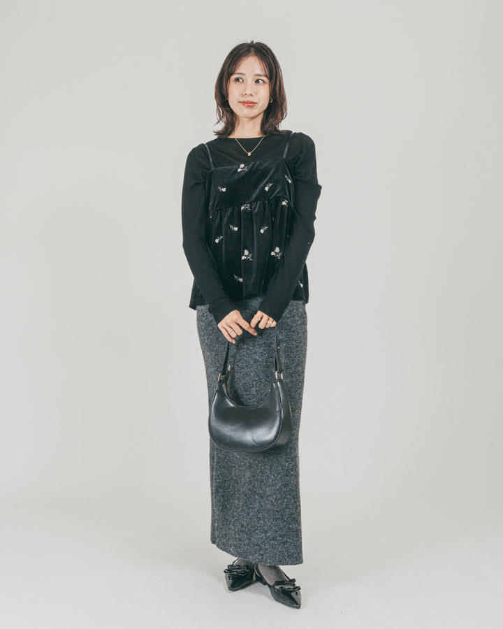 ［SET］Flower刺繍 ベロアペプラムキャミ + モヘア Narrowニットスカート（2SET）