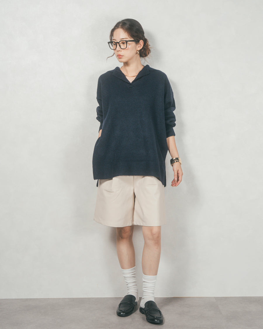 ［SET］サイドスリット襟付きスキッパーニット+レザーライクハーフパンツ（2SET）
