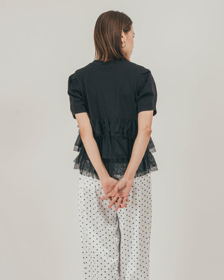 ［SET］チュールフリル ペプラムTシャツ + ドットサテンパンツ（2SET）