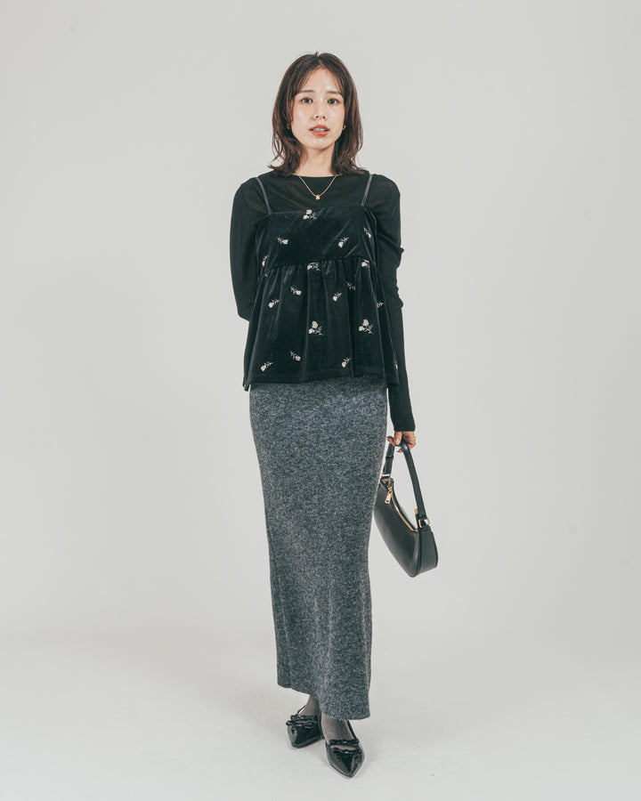 ［SET］Flower刺繍 ベロアペプラムキャミ + モヘア Narrowニットスカート（2SET）