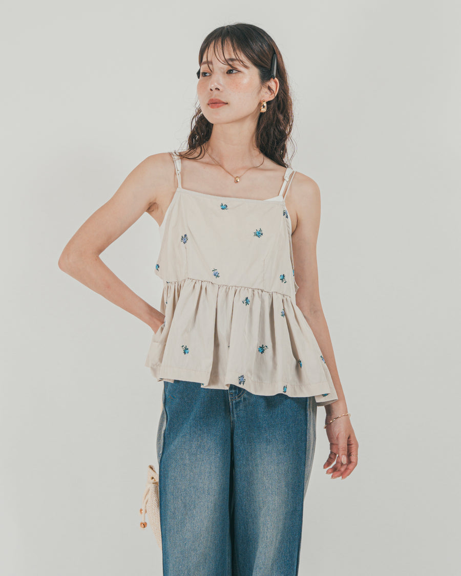 ［SET］Flower刺繍　ボリュームキャミ + 10oz サイドタック リラックスデニムパンツ（2SET）
