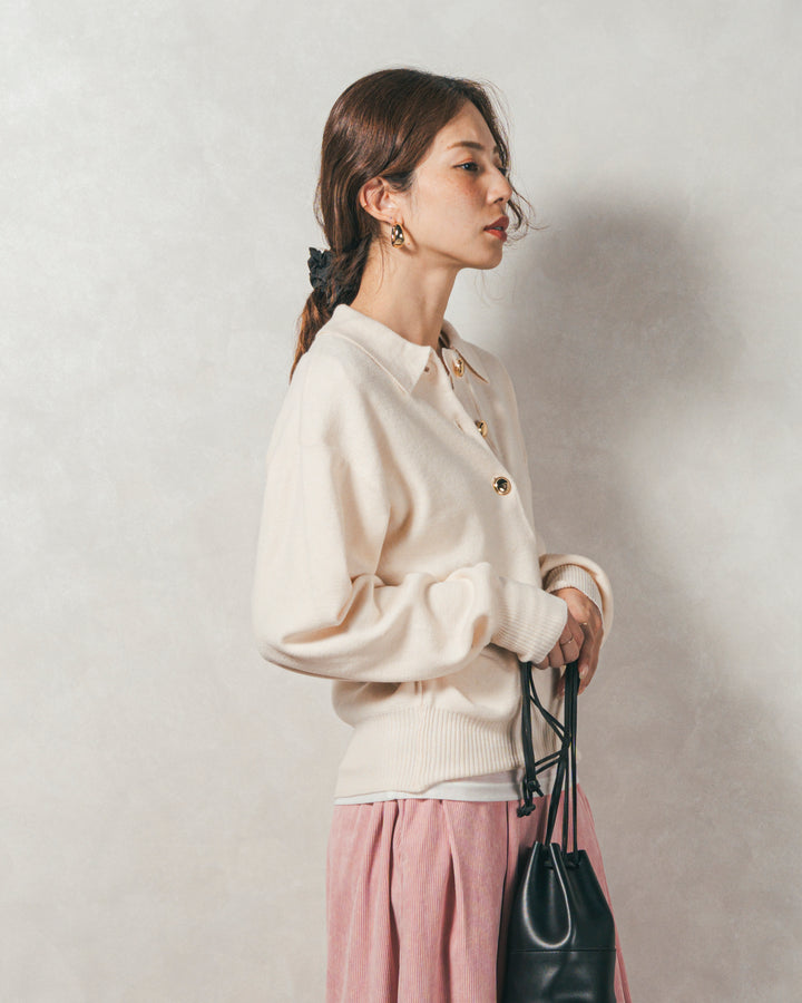 ［SET］ボタンデザインポロニット+サイドタックコクーンコーデュロイパンツ（2SET）