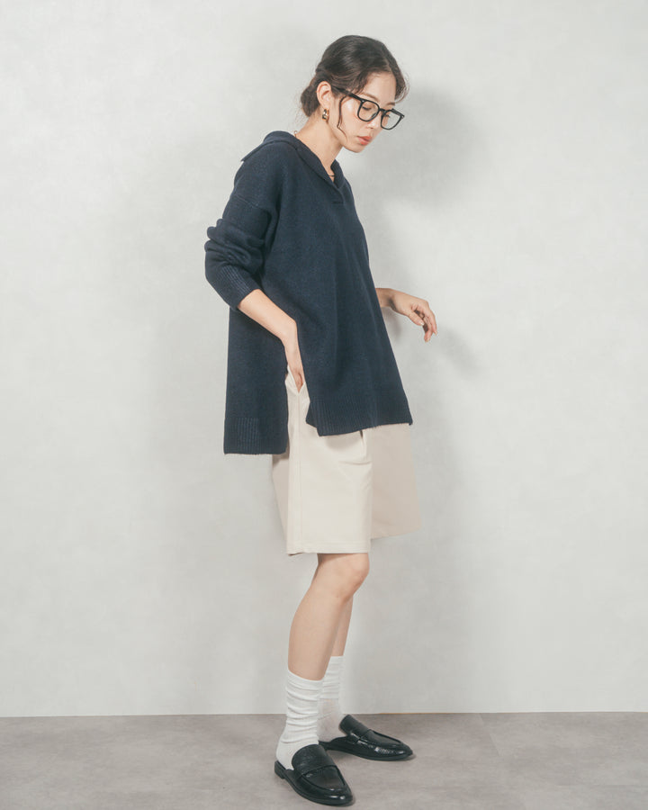 ［SET］サイドスリット襟付きスキッパーニット+レザーライクハーフパンツ（2SET）