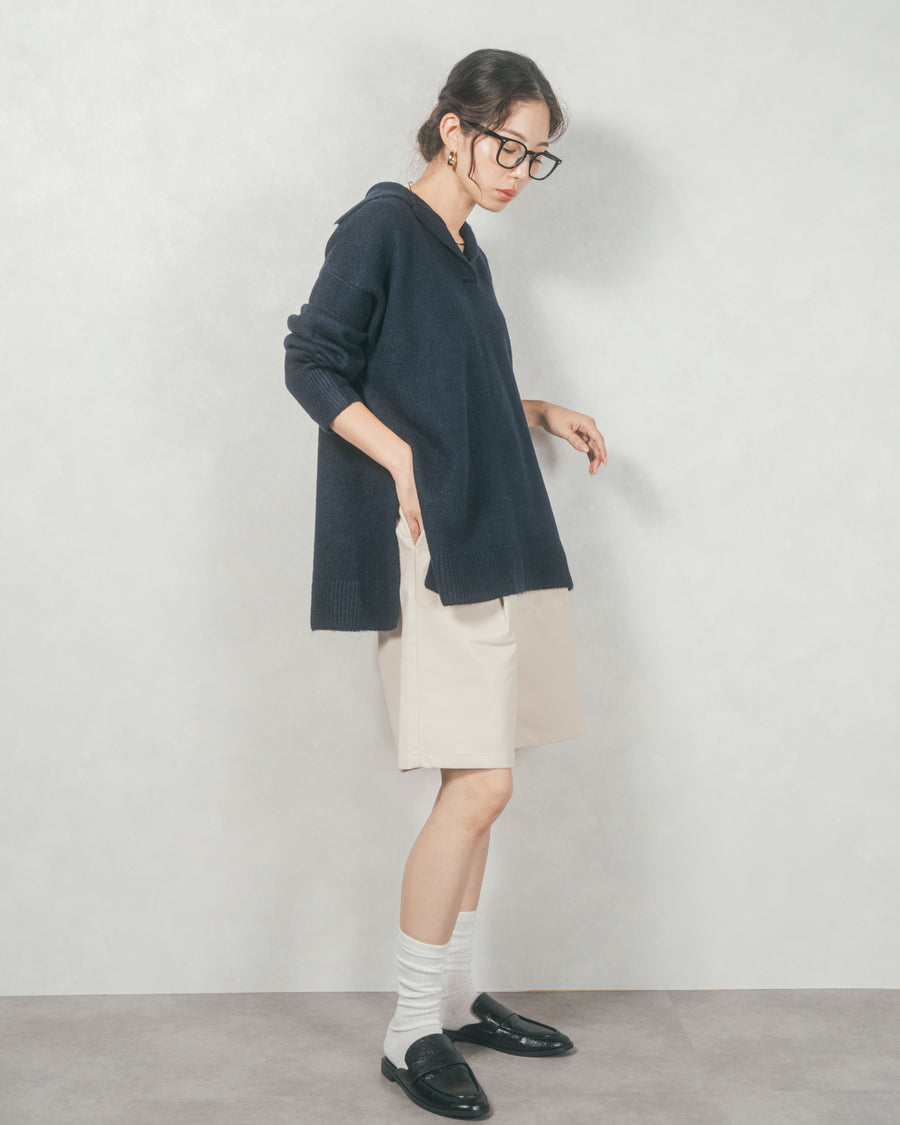 ［SET］サイドスリット襟付きスキッパーニット+レザーライクハーフパンツ（2SET）