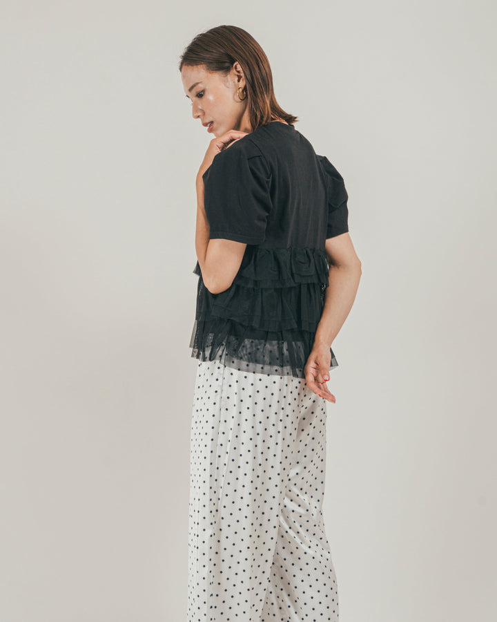 ［SET］チュールフリル ペプラムTシャツ + ドットサテンパンツ（2SET）
