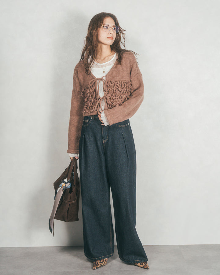 ［SET］ループ編みフリンジカーディガン+ワイドTuckイージーデニム（2SET）