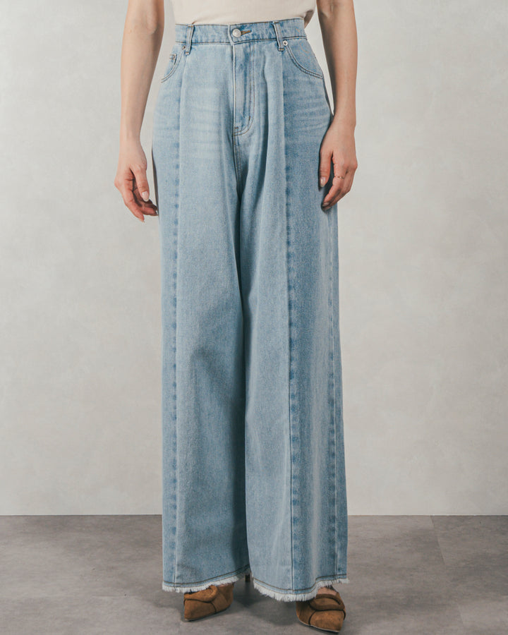 ［SET］Flowerプリントフリルブラウス + 10oz ニュアンスバイカラー リラックスワイドデニム（2SET）