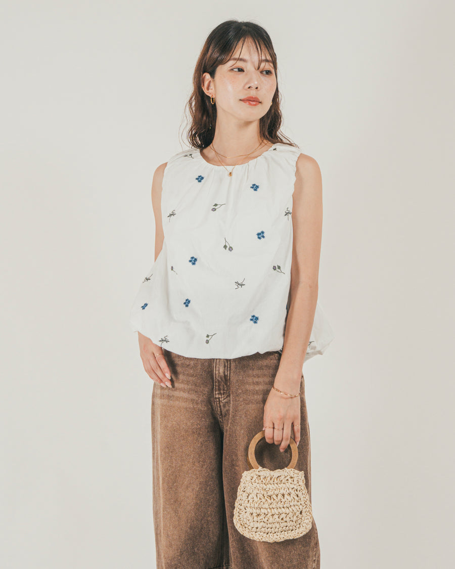 ［SET］Flower刺繍バルーンノースリブラウス + ウエストデザイン カーブデニム（2SET）