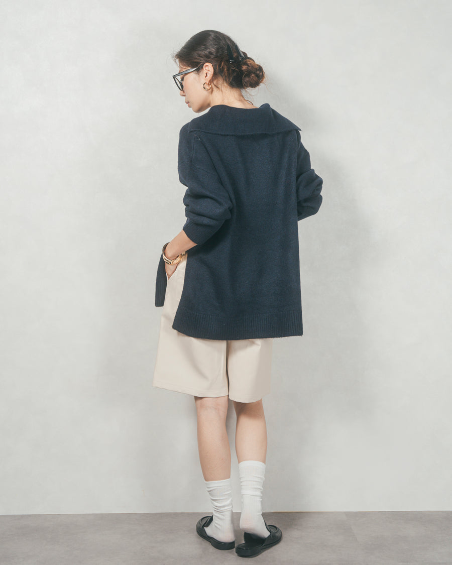 ［SET］サイドスリット襟付きスキッパーニット+レザーライクハーフパンツ（2SET）