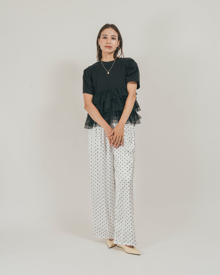 ［SET］チュールフリル ペプラムTシャツ + ドットサテンパンツ（2SET）