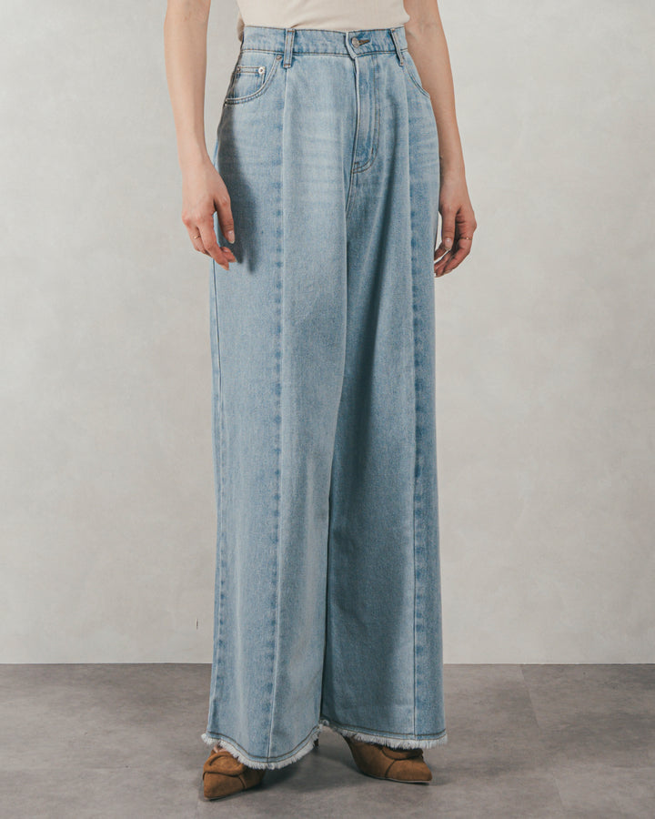 ［SET］Flowerプリントフリルブラウス + 10oz ニュアンスバイカラー リラックスワイドデニム（2SET）