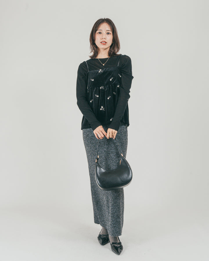 ［SET］Flower刺繍 ベロアペプラムキャミ + モヘア Narrowニットスカート（2SET）