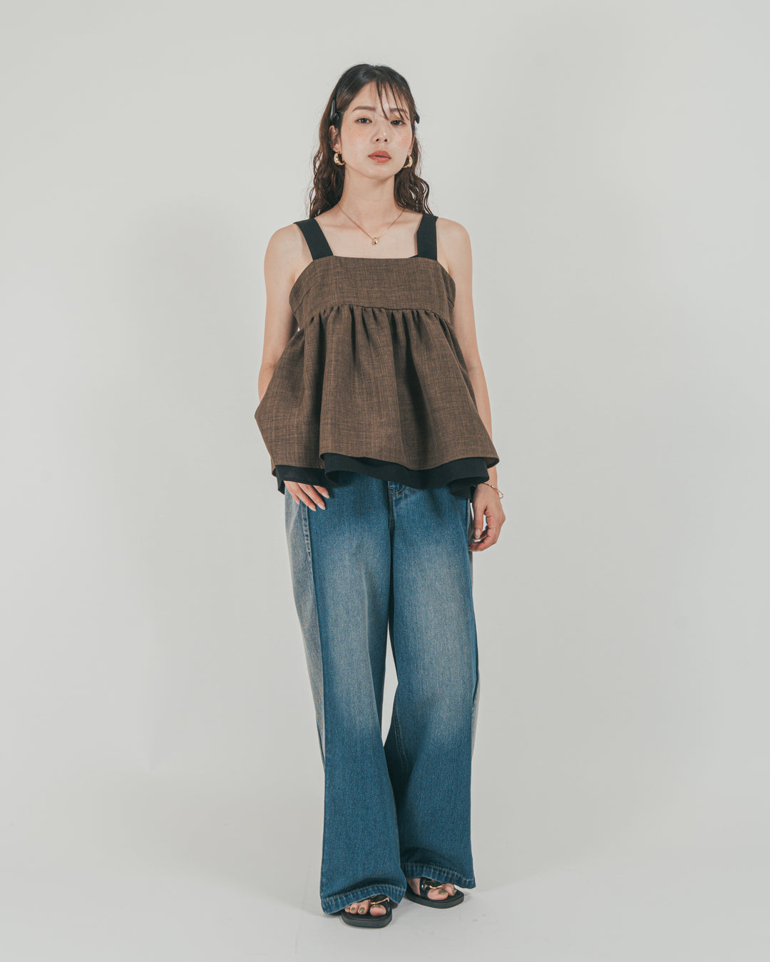 ［SET］スラブTweedバイカラーティアードキャミ + 10oz サイドタック リラックスデニムパンツ（2SET）