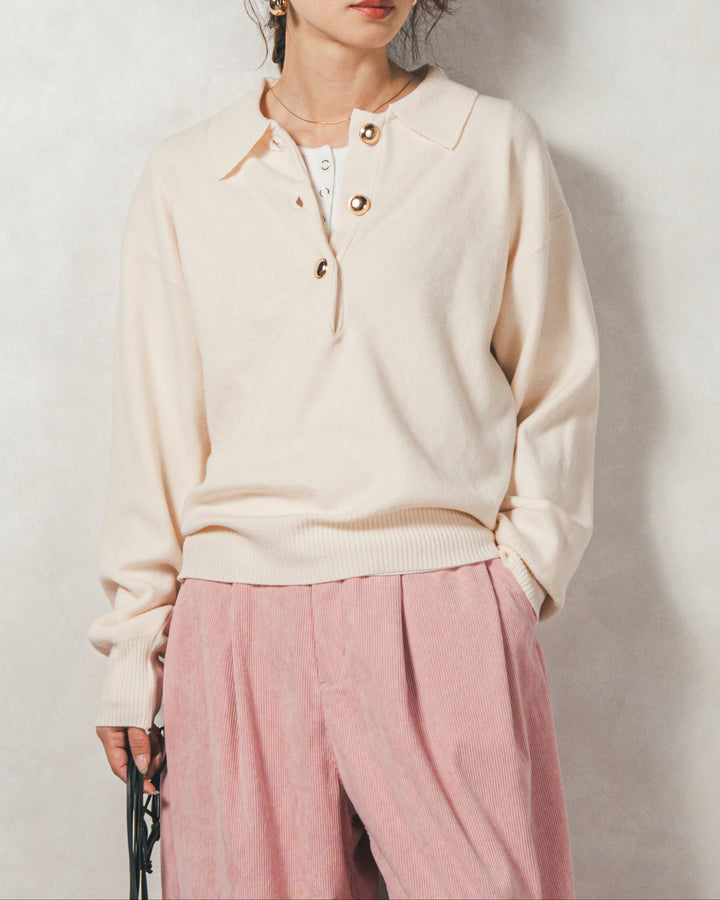 ［SET］ボタンデザインポロニット+サイドタックコクーンコーデュロイパンツ（2SET）