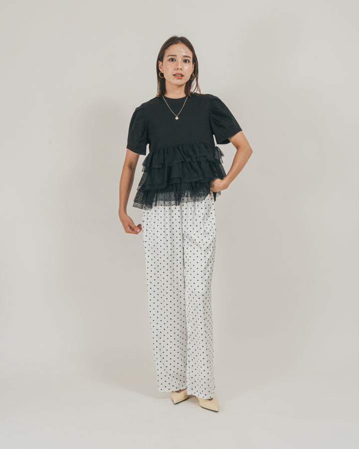 ［SET］チュールフリル ペプラムTシャツ + ドットサテンパンツ（2SET）