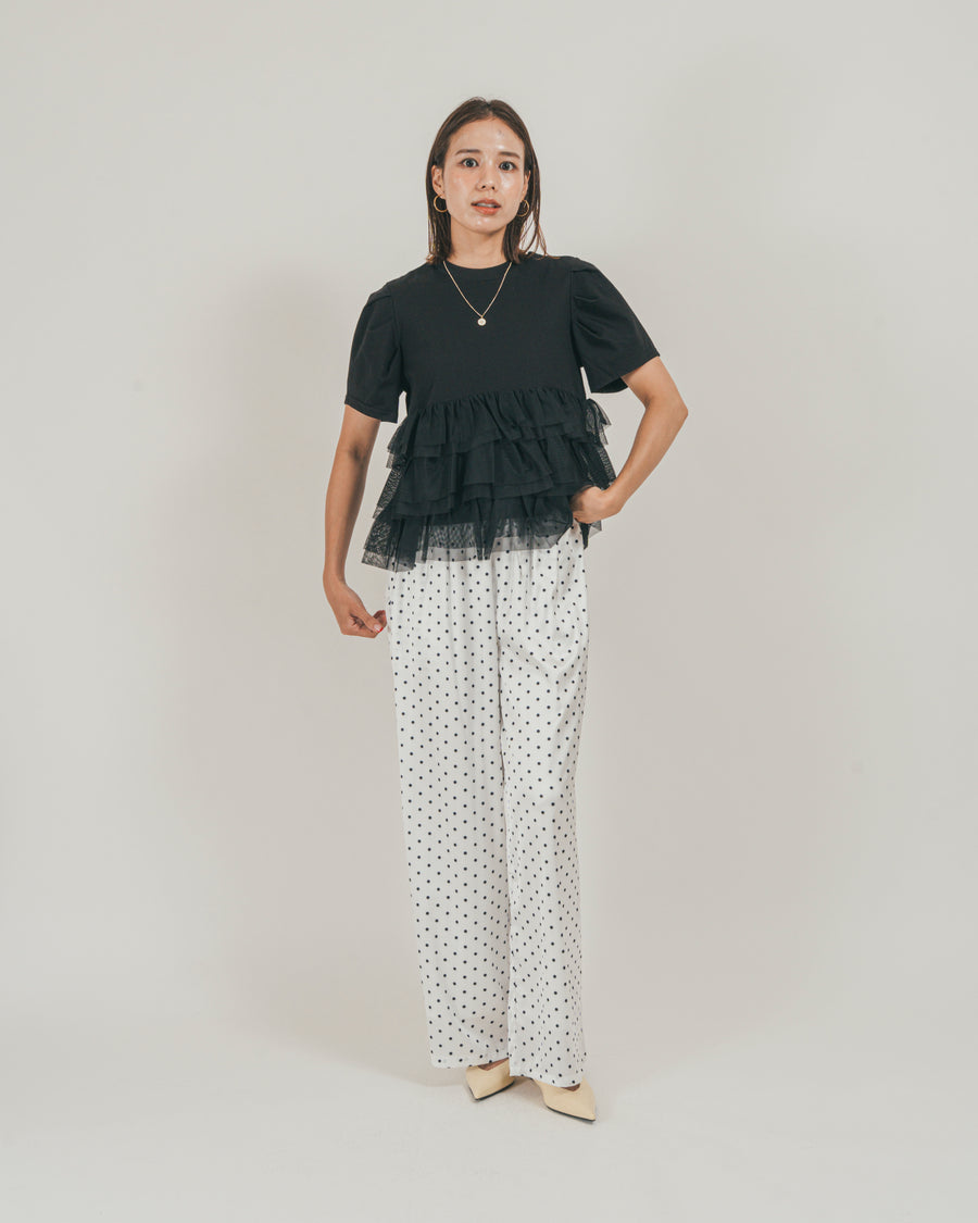 ［SET］チュールフリル ペプラムTシャツ + ドットサテンパンツ（2SET）