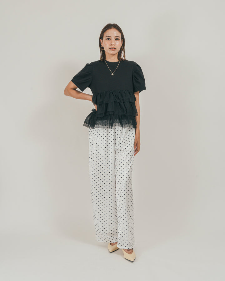 ［SET］チュールフリル ペプラムTシャツ + ドットサテンパンツ（2SET）