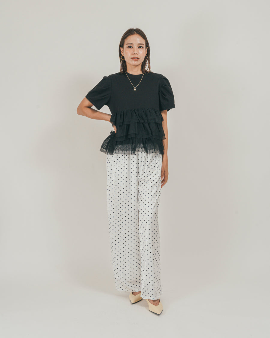 ［SET］チュールフリル ペプラムTシャツ + ドットサテンパンツ（2SET）