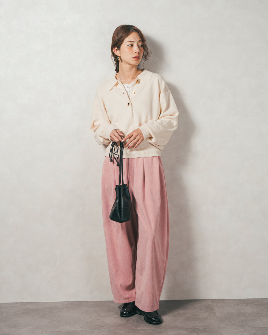［SET］ボタンデザインポロニット+サイドタックコクーンコーデュロイパンツ（2SET）