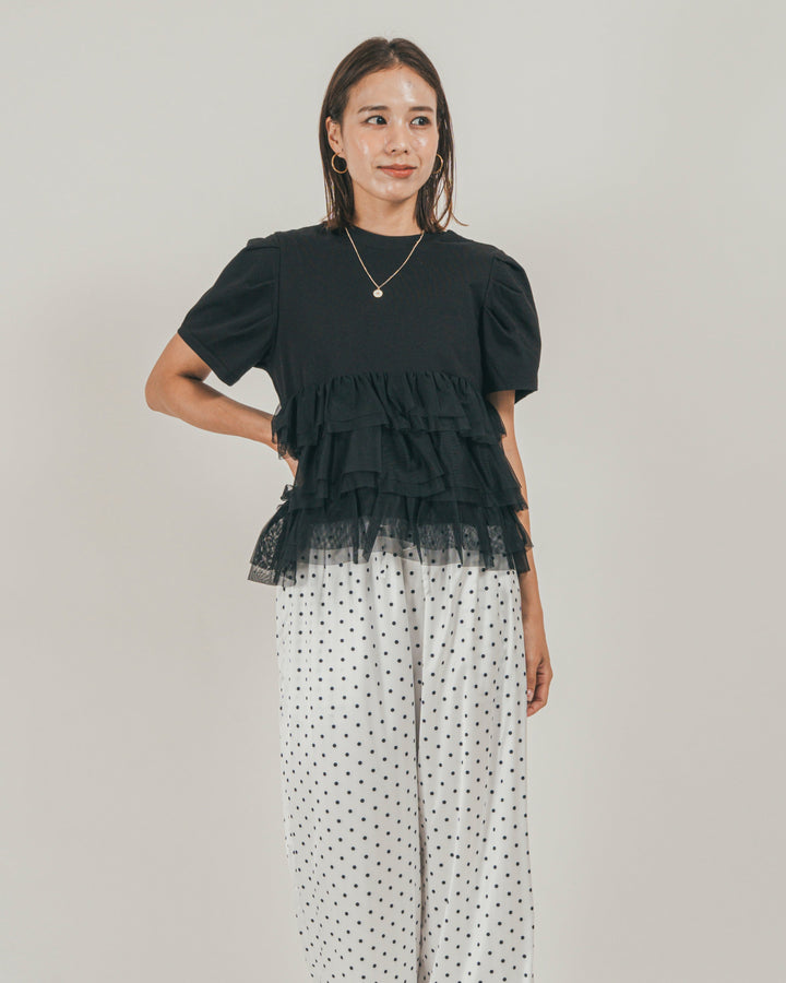 ［SET］チュールフリル ペプラムTシャツ + ドットサテンパンツ（2SET）