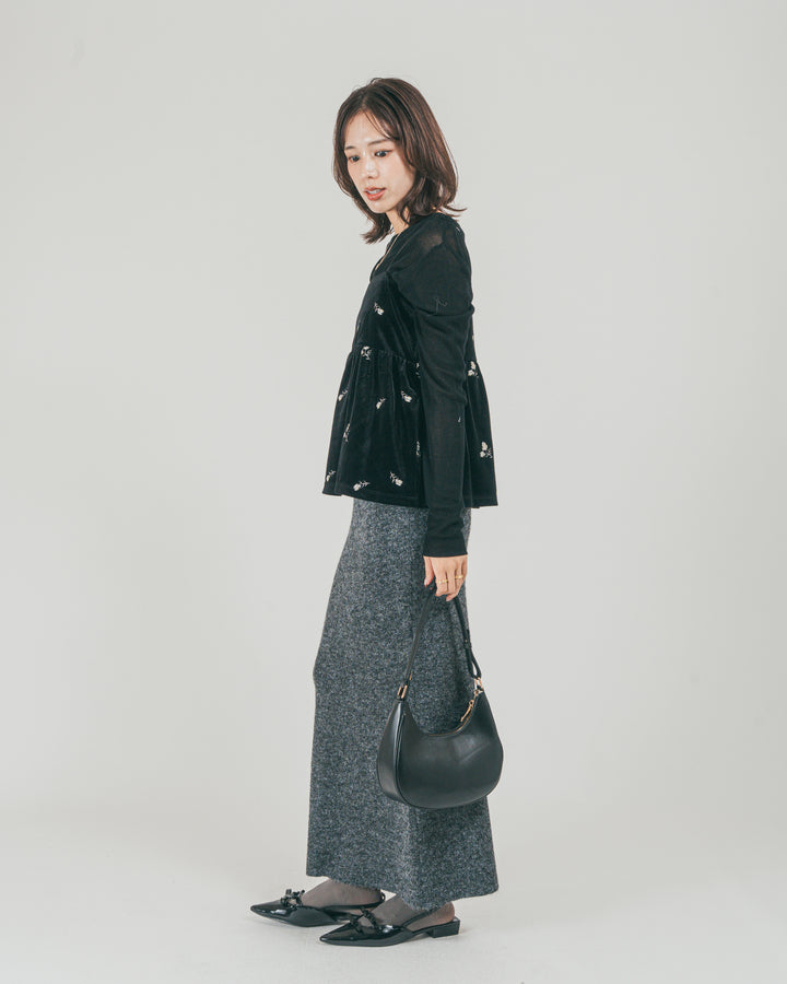 ［SET］Flower刺繍 ベロアペプラムキャミ + モヘア Narrowニットスカート（2SET）