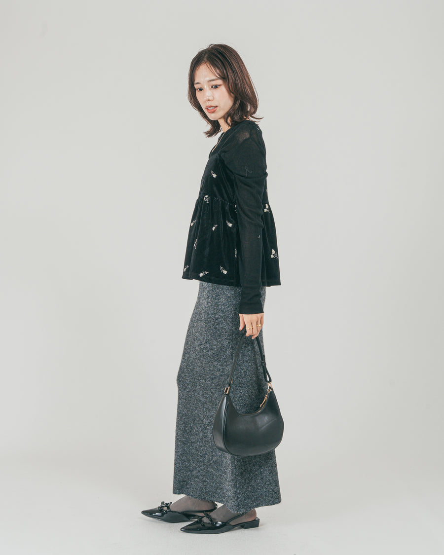 ［SET］Flower刺繍 ベロアペプラムキャミ + モヘア Narrowニットスカート（2SET）