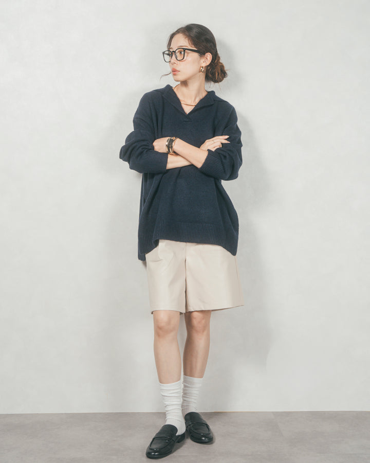 ［SET］サイドスリット襟付きスキッパーニット+レザーライクハーフパンツ（2SET）