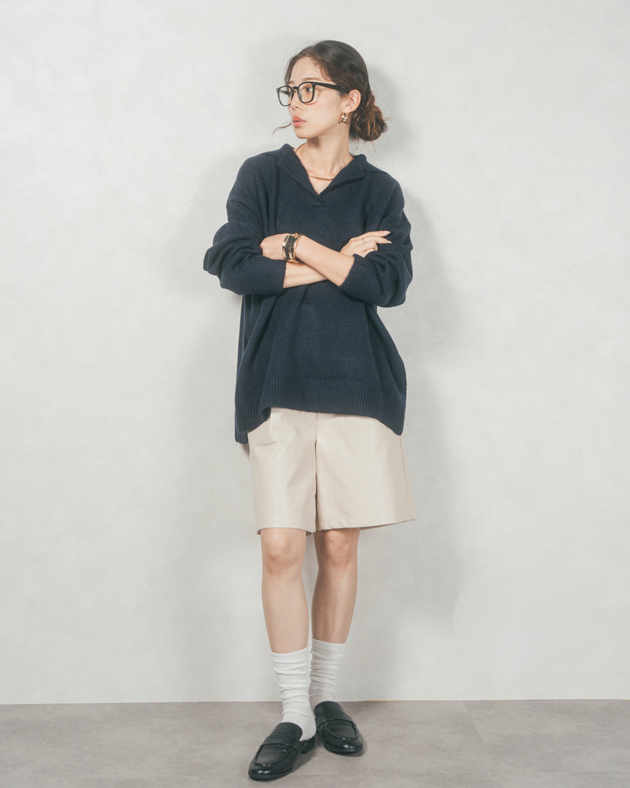 ［SET］サイドスリット襟付きスキッパーニット+レザーライクハーフパンツ（2SET）