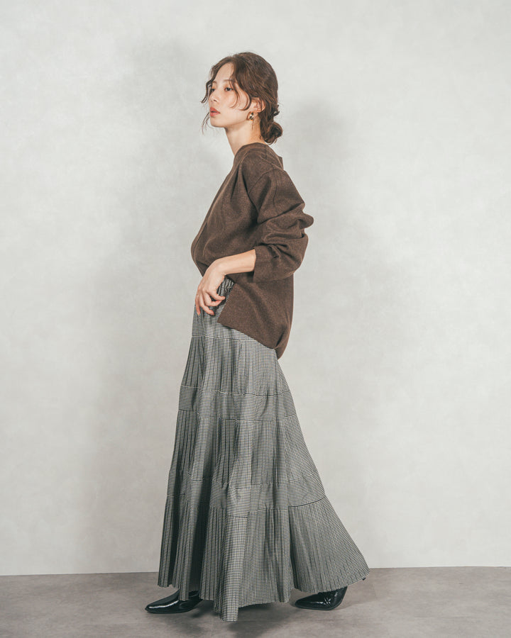 ［SET］Smoothニットソー Vネックプルオーバー+プリーツティアードLongスカート