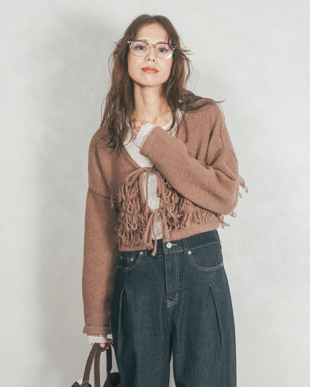 ［SET］ループ編みフリンジカーディガン+ワイドTuckイージーデニム（2SET）