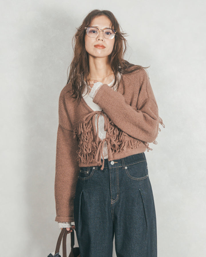 ［SET］ループ編みフリンジカーディガン+ワイドTuckイージーデニム（2SET）