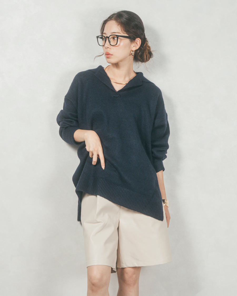 ［SET］サイドスリット襟付きスキッパーニット+レザーライクハーフパンツ（2SET）
