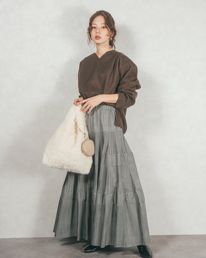 ［SET］Smoothニットソー Vネックプルオーバー+プリーツティアードLongスカート