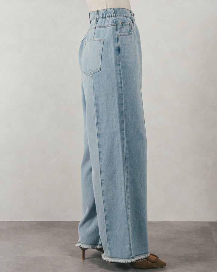 ［SET］Flowerプリントフリルブラウス + 10oz ニュアンスバイカラー リラックスワイドデニム（2SET）