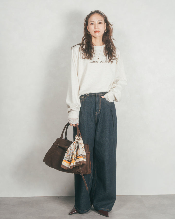 ［SET］フロントシリコンLogoスウェット+ワイドTuckイージーデニム