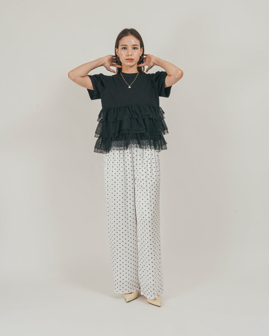 ［SET］チュールフリル ペプラムTシャツ + ドットサテンパンツ（2SET）