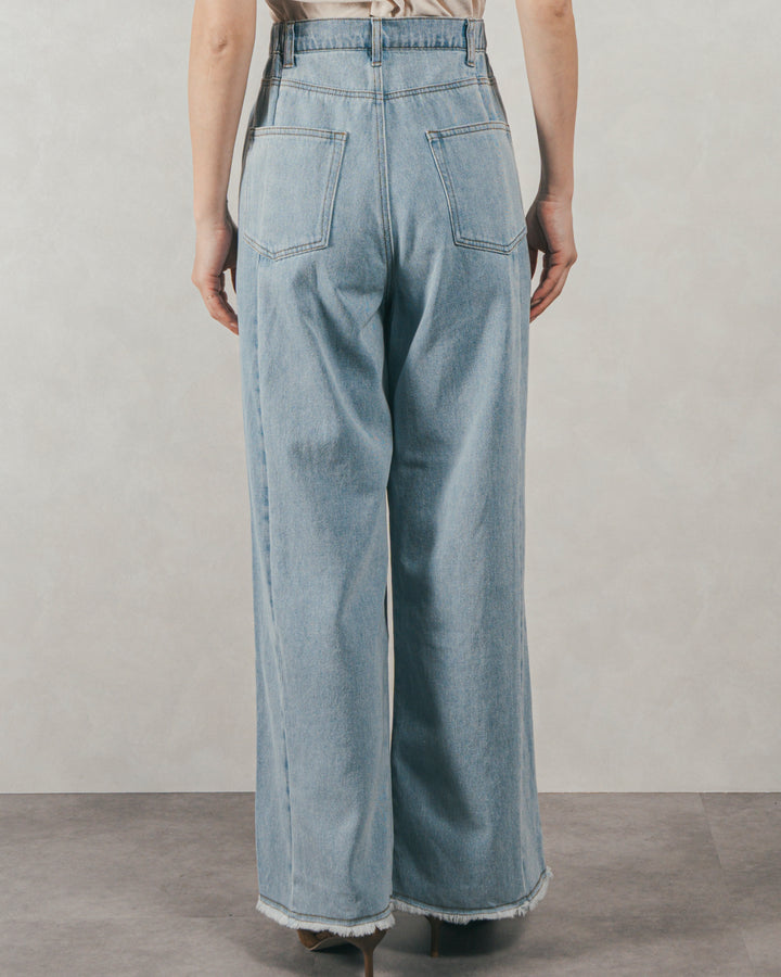 ［SET］Flowerプリントフリルブラウス + 10oz ニュアンスバイカラー リラックスワイドデニム（2SET）