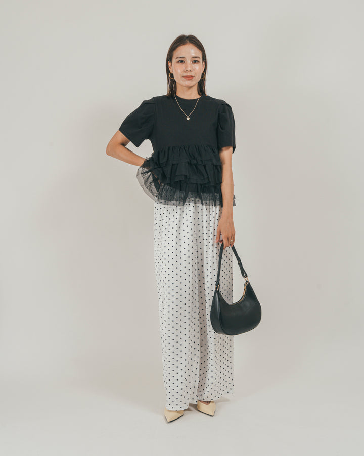 ［SET］チュールフリル ペプラムTシャツ + ドットサテンパンツ（2SET）
