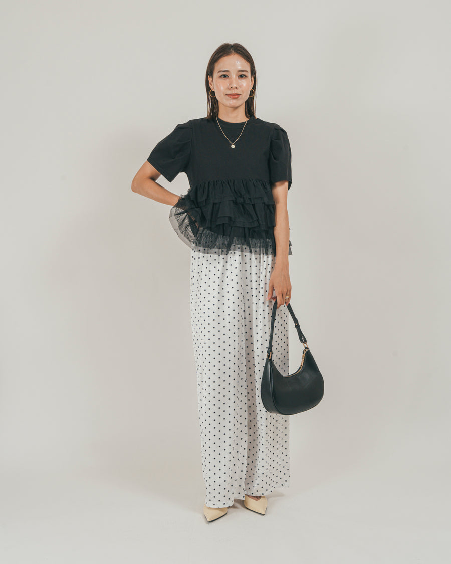 ［SET］チュールフリル ペプラムTシャツ + ドットサテンパンツ（2SET）