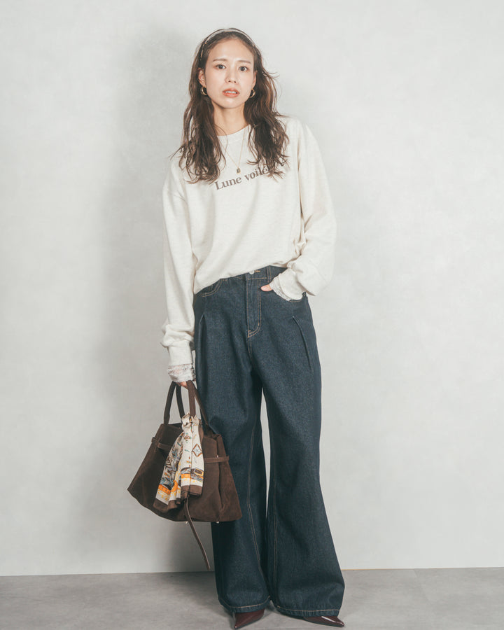 ［SET］フロントシリコンLogoスウェット+ワイドTuckイージーデニム