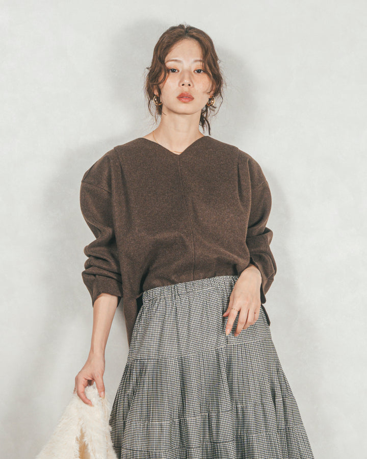 ［SET］Smoothニットソー Vネックプルオーバー+プリーツティアードLongスカート