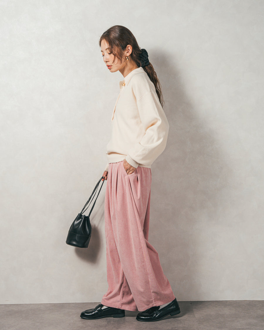 ［SET］ボタンデザインポロニット+サイドタックコクーンコーデュロイパンツ（2SET）